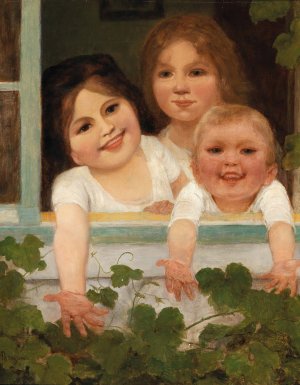 Three Children at the Window by Carl Von Bergen Oil Painting