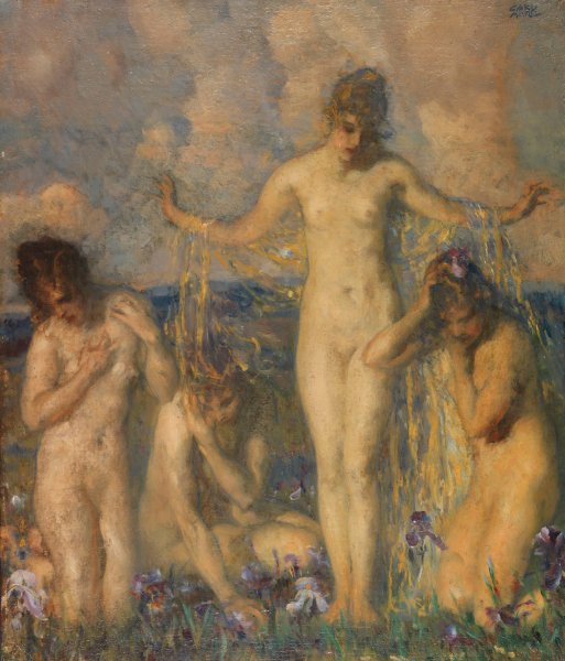 Main Product Photo of Four female nudes in a meadow with irises  Painting by Carl Von Marr