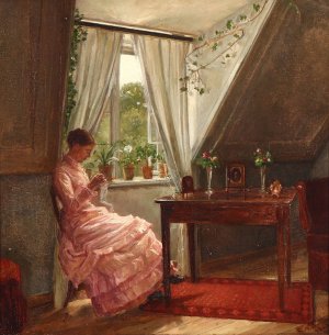 Interior med Anna Augusta ahman, der syr ved et vindue by Carl Von Schmidt-Phiseldeck Oil Painting