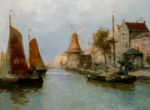 Boats by the Riverbank by Carl Wagner - Oil Painting Reproduction
