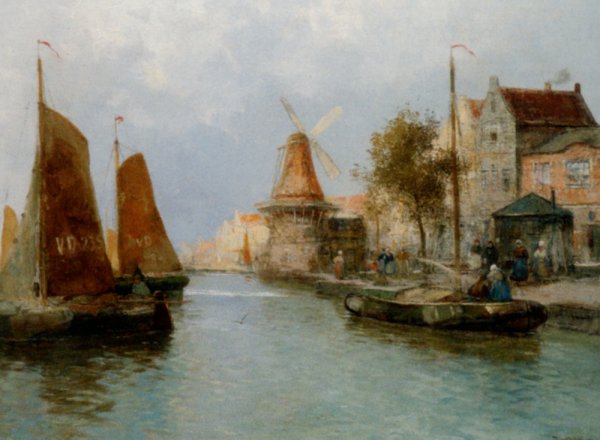 Boats by the Riverbank by Carl Wagner - Hand-Painted Oil Painting Reproduction