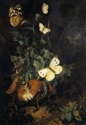 Still Life With Butterflies, Lizard And Snake by Carl Wilhelm De Hamilton Oil Painting
