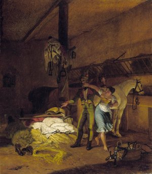 A Chevauxleger fiddles with a maid Oil painting by Carl Wilhelm Freiherr Von Heideck
