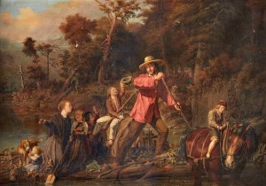 The Sywatter Family Fording a River by Carl Wilhelm Friedrich Bauerle Oil Painting