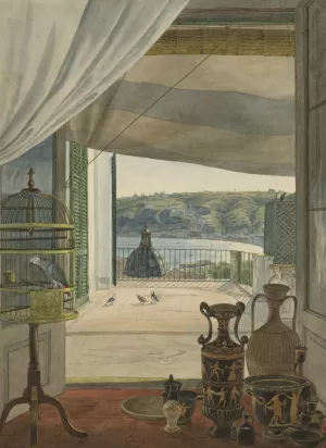 Antiquities by a Balcony Overlooking the Gulf of Naples by Carl Wilhelm Gotzloff Oil Painting