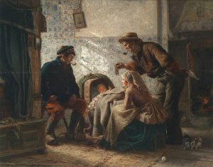 An der Wiege by Carl Wilhelm Hubner Oil Painting