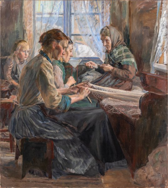 Main Product Photo of Fisherwomen making Nets, Bohuslan  Painting by Carl Wilhelmson