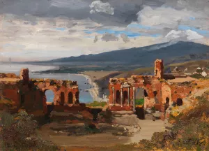 Blick vom antiken Theater in Taormina auf den atna Oil painting by Carl Wuttke