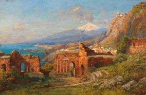 Blick vom antiken Theater in Taormina auf den atna by Carl Wuttke Oil Painting