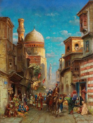 Strasenszene an der Kai-Bey-Moschee in Kairo by Carl Wuttke Oil Painting