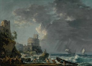 A storm off a rocky coast, with a shipwreck in the foreground and a fort on the rocky shoreline above by Carlo Bonavia Oil Painting