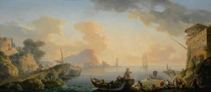 View Of A Harbor At Dawn, With Fishermen Along The Port In The Foreground by Carlo Bonavia Oil Painting