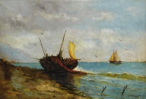 Coastal View with Boats Along the Shore Oil painting by Carlo Brancaccio