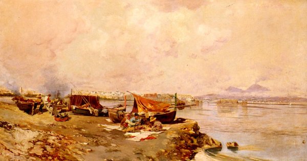 Fishermen's Tasks In The Bay Of Naples by Carlo Brancaccio - Hand-Painted Oil Painting Reproduction