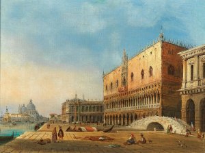 Venice, a view of St Mark's Basin and the Doge's Palace, in the background Santa Maria della Salute by Carlo Grubacs Oil Painting