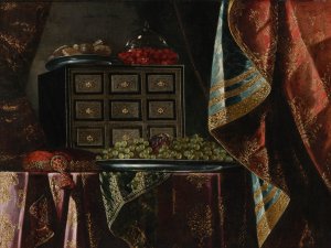 Still Life of a Chest, Fruit, and Other Objects on a Brocade Draped Table by Carlo Manieri Oil Painting