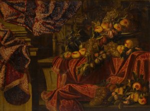 Still life of fruit set on a ledge draped with brocade by Carlo Manieri Oil Painting