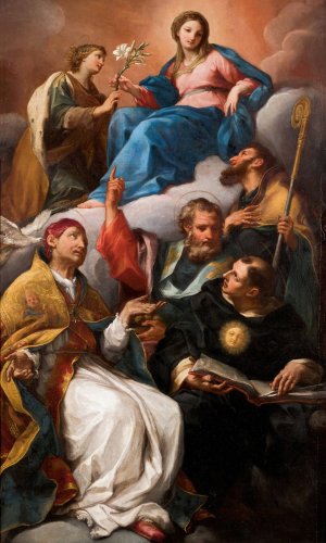 The Virgin of the Immaculate Conception with Saints Catherine of Alexandria, Augustine of Hippo, Nicholas of Bari, Nicholas of Tolentino and Gregory the Great by Carlo Maratta Oil Painting