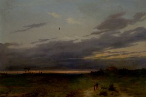 Sunset Landscape with Two Figures on a Track