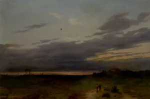 Sunset Landscape with Two Figures on a Track painting by Carlo Piacenza