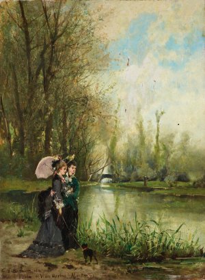 Two Elegant Ladies with a Pink Parasol in the Park by Carlo Pittara Oil Painting