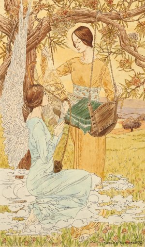 Two women with a cradle, one of them winged by Carlos Schwabe Oil Painting