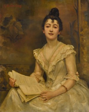 Lady in white reading a music score by Caroline Feuillas-Creusy Oil Painting
