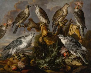 A group of seven Lanner and Peregrine or Gyrfalcons by Carstian Luyckx Oil Painting