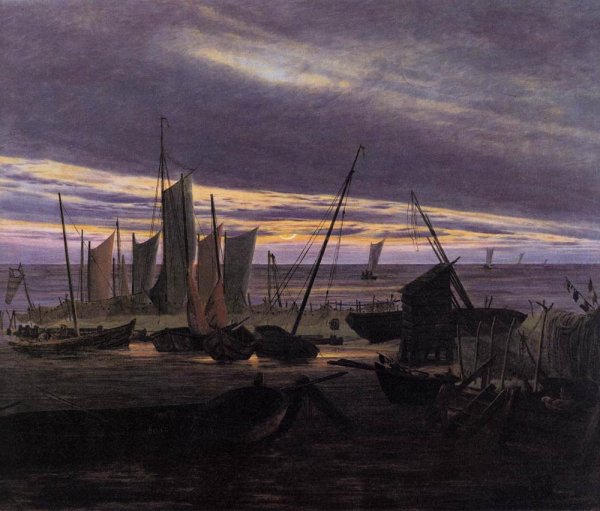 Main Product Photo of Boats in the Harbour at Evening Painting by Caspar David Friedrich