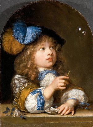 A Boy Blowings Bubbles by Caspar Netscher Oil Painting