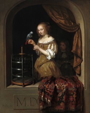 A Woman Feeding a Parrot,with a Page by Caspar Netscher Oil Painting