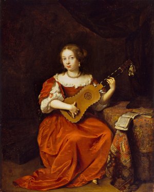 A Young Lady playing the Guitar by Caspar Netscher Oil Painting