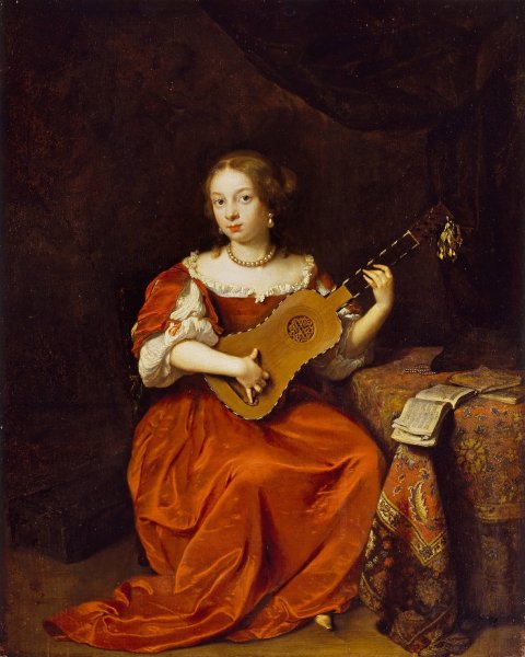 Main Product Photo of A Young Lady playing the Guitar  Painting by Caspar Netscher