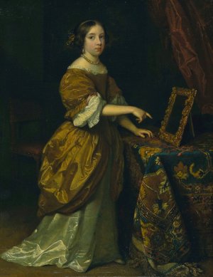 Girl Standing before a Mirror by Caspar Netscher Oil Painting