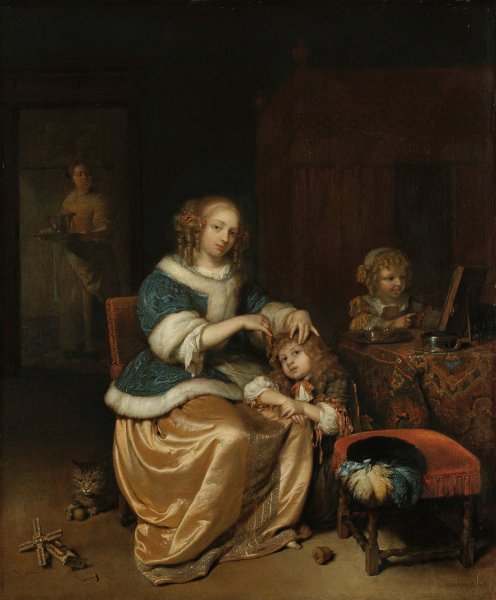 Main Product Photo of Interior with a Mother Combing her Child's Hair, Known as 'Maternal Care' Painting by Caspar Netscher