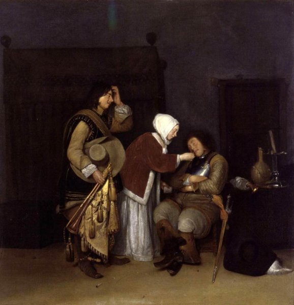 Main Product Photo of Interior with a Sleeping Soldier Painting by Caspar Netscher