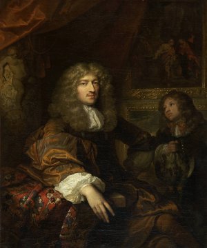Portrait of Pieter Six with a Servant Bearing Hunting Booty by Caspar Netscher Oil Painting