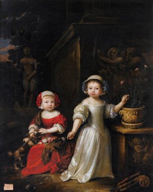 Portrait of Two Young Girls In a Park, One Playing With A Dog, The Other Holding a Carnation From a Pot by Caspar Netscher Oil Painting