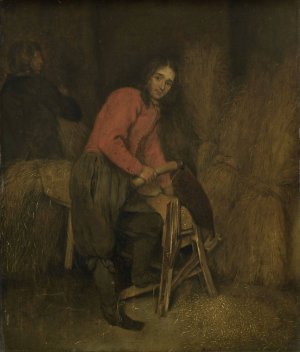 Trimming bales of hay by Caspar Netscher Oil Painting