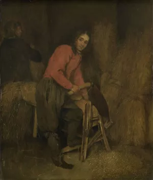 Trimming bales of hay by Caspar Netscher Oil Painting