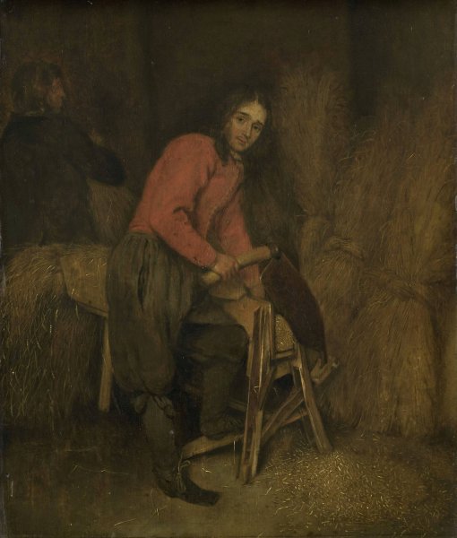 Trimming bales of hay  by Caspar Netscher - Hand-Painted Oil Painting Reproduction