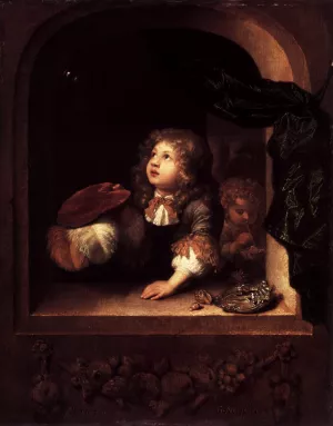 Two Boys Blowing Bubbles by Caspar Netscher Oil Painting