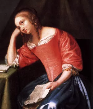 Young Girl Holding a Letter Detail Oil painting by Caspar Netscher
