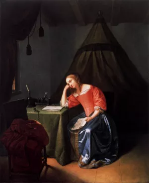 Young Girl Holding a Letter Oil painting by Caspar Netscher