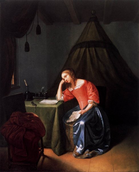 Young Girl Holding a Letter by Caspar Netscher - Hand-Painted Oil Painting Reproduction