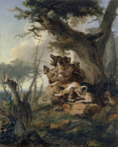Bear, Attacked by a Pack of Hounds  by Caspar Wolf - Hand-Painted Oil Painting Reproduction