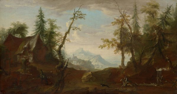 Farmhouse in a Forest Glade with Riders  by Caspar Wolf - Hand-Painted Oil Painting Reproduction