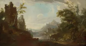 Ruin of a Castle near a Lake with Fishermen Oil painting by Caspar Wolf