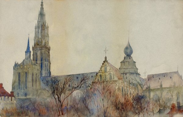 Antwerp Cathedral  by Cass Gilbert - Hand-Painted Oil Painting Reproduction