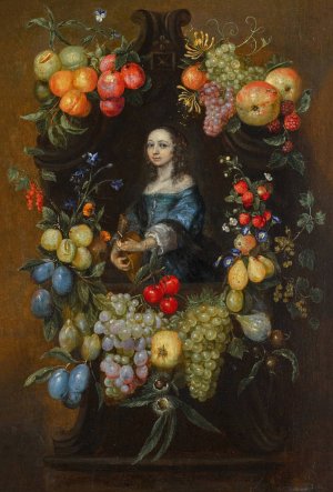 A garland of fruit and flowers surrounding a portrait of a lady in a blue dress, holding a guitar by Catarina Ykens Oil Painting